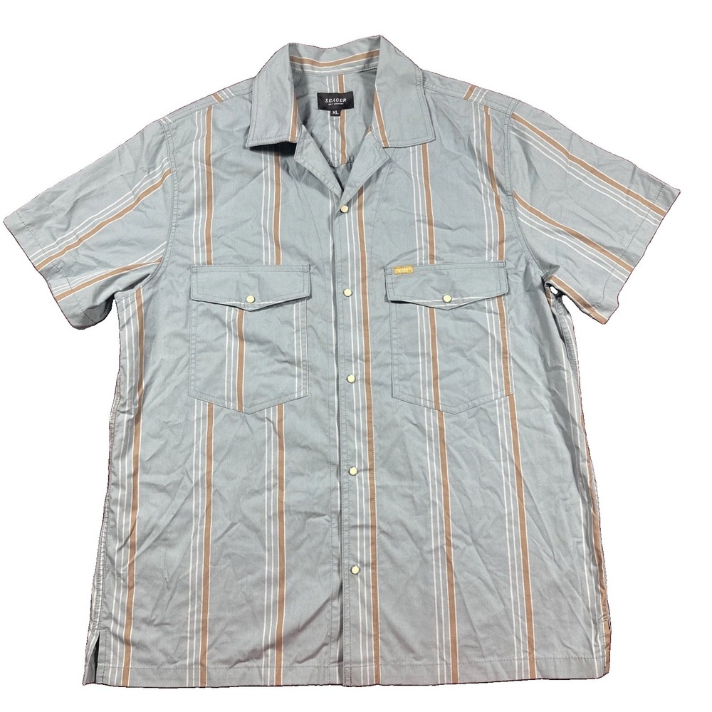 Seager Men's XL Blue White Striped Pearl Snap Western Shirt Short Sleeve